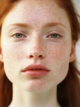 Portrait of a young natural redhead woman with freckles and a fresh, no-makeup look.