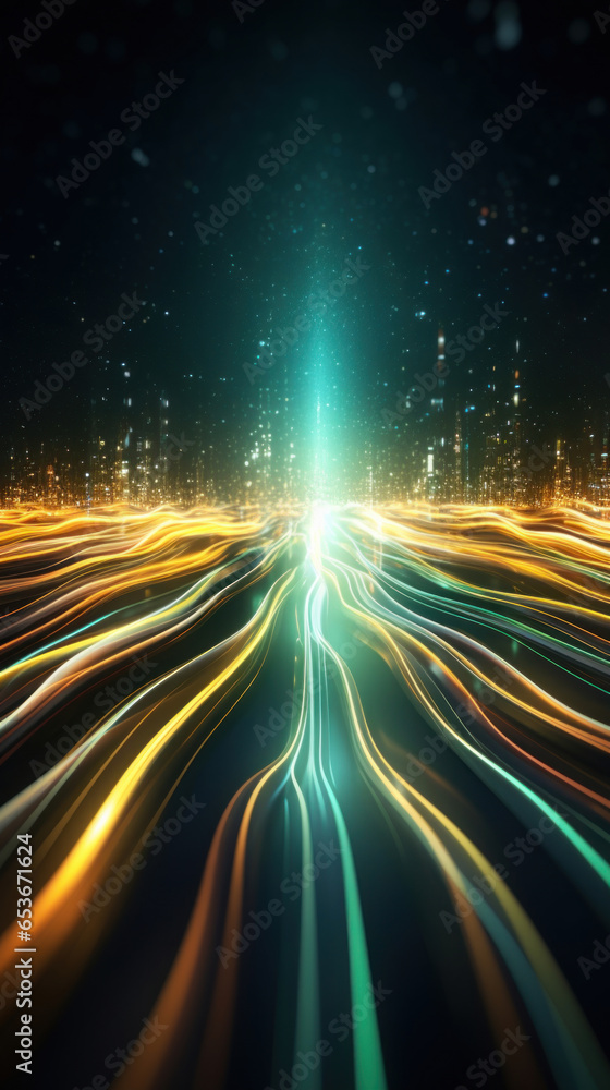 Poster abstract background with gold, green, blue glowing neon moving high speed line and wave and bokeh li