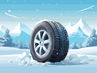 Advertising poster about tires. Winter road. Winter landscape. Landscape banner, digital print, flyer, booklet, brochure web design.