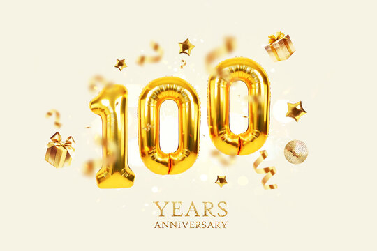 Gold Balloons 100 with golden gifts, confetti, stars and a mirrored balloon on a beige background with sparkles and bokeh lights. One hundred years Anniversary, creative idea. Luxury Card - Powered by Adobe