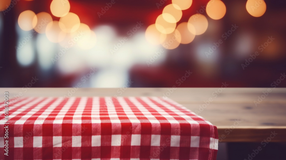 Poster empty red checkered tablecloth in white table top with blur background