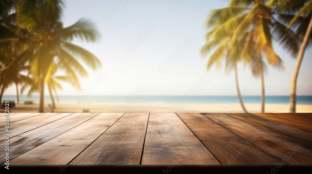 Poster empty wooden table top with bokeh on blur beach background