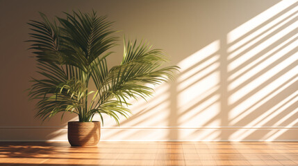 Room with a potted palm tree and sunlight from the window