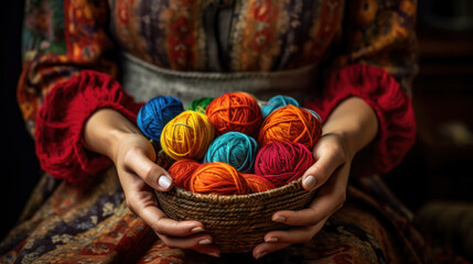 Female hands holding a basket with balls of wool - obrazy, fototapety, plakaty
