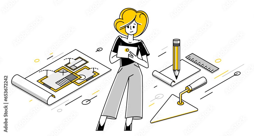 Poster construction engineer working on a project, building architecture designer vector outline trendy ill