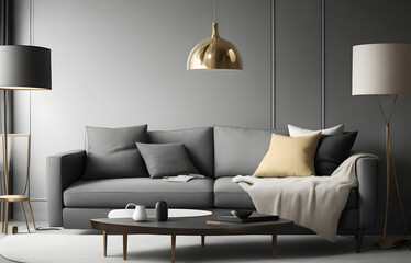 Luxury and cozy modern living room interior have sofa and lamp with grey wall background. Generative AI