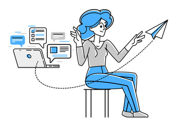 Online consultant working in support center helping and giving advices to customers, vector outline illustration, text messages in a messenger.