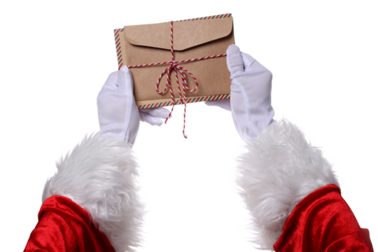 PNG,Santa's hand with an envelope, isolated on white background