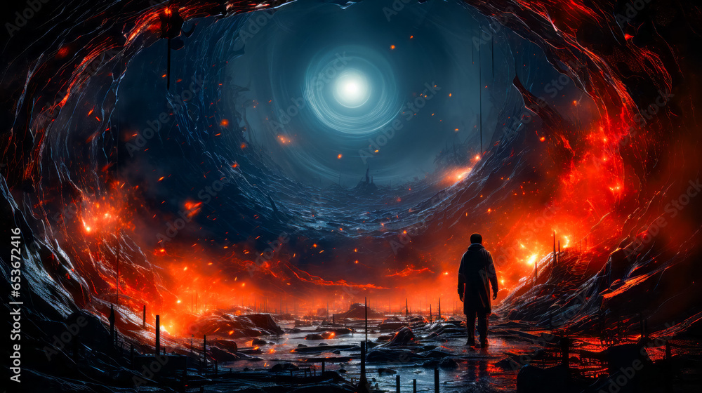 Wall mural man standing in the middle of tunnel of fire.