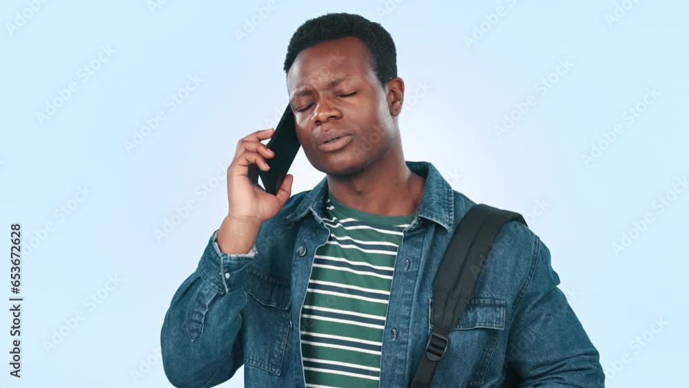 Poster phone call, upset and black man in studio for argument, discussion or problem with failure. angry, m