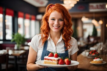 Young female waitress presents a piece of colorful cake with blueberries and marzipan inside restaurant background. Generative Ai.