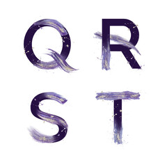 Watercolor violet abstract alphabet with gold splashes. Letters Q, R, S, T - 653672656