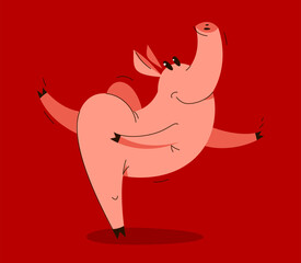 Funny cartoon pig dancing like a ballet vector illustration, active happy enjoying animal swine character drawing.