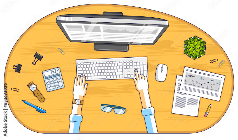 Poster work desk workspace top view with hands of office worker or entrepreneur, pc computer and a lot of d