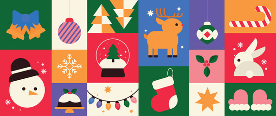 Merry Christmas and happy new year pattern background vector. Decorative elements of snowman, bell, reindeer, rabbit, socks. Design for banner, card, cover, poster, advertising.wallpaper, packaging.
