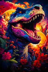 Image of dinosaur with its mouth open in field of flowers.