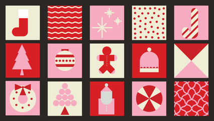 Merry Christmas and happy new year pattern background vector. Decorative elements of tree, bell, candy, wreath, gingerbread. Design for banner, card, cover, poster, advertising.wallpaper, packaging.