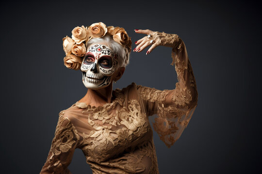 October 31 celebration concept. Banner of serious stylish scary smiling senior woman with skeleton face paint celebrates Halloween. Black plain studio horizontal background