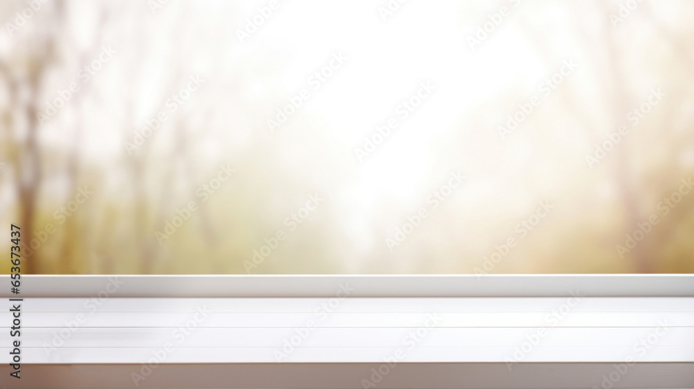 Poster empty white table blurred on soft light gently bokeh background
