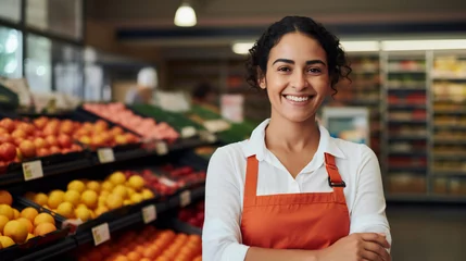 Foto op Plexiglas Close up portrait  of  female employee working in grocery store with smile on face standing in supermarket and looking at camera, with fruits on the shelf of supermarket as background Generation AI © Bogdan