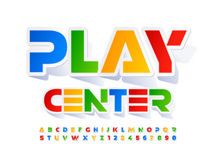 Vector creative sign Play Center. Colorful sticker Font. Futuristic style Alphabet Letters and Numbers set