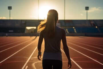 Conceptual portrait photography of a relaxed girl in her 30s running on an athletics track. With generative AI technology - obrazy, fototapety, plakaty