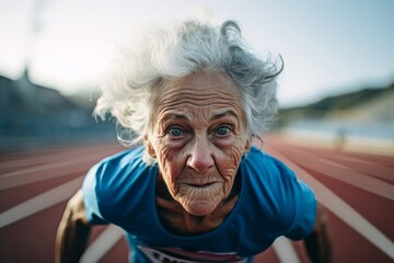 Close-up portrait photography of a determined old woman running on an athletics track. With generative AI technology - obrazy, fototapety, plakaty