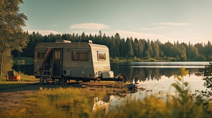 Trailer of mobile home, or recreational vehicle standing on the shore of a pond. Camping in the nature