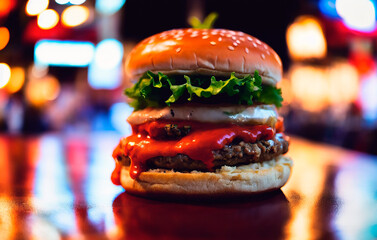 Hamburger on the street at night, close-up.