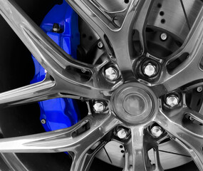Tyre and alloy wheel. Modern brakes. Car exterior details. Car alloy wheel. New alloy wheel for a...