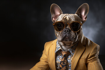 dog wearing funky fashion yellow jacket, tie and sunglasses.
