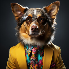 dog wearing funky fashion yellow jacket, tie and sunglasses.