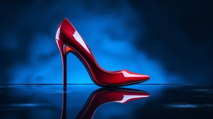 A red high heel shoes on a blue background with shining style and fashion, A classic and elegant women footwear - obrazy, fototapety, plakaty