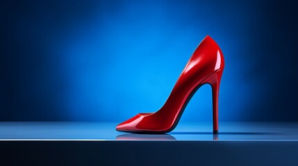 A red high heel shoes on a blue background with shining style and fashion, A classic and elegant women footwear - obrazy, fototapety, plakaty