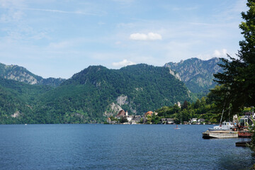 Fototapeta premium The view of Traun see in Salzkammergut region, Upper Austria 