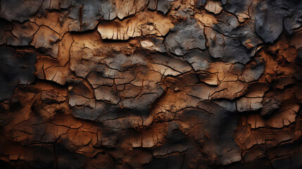 Charred wood bark dark texture. Detailed macro close-up view of tree burned scratched cork...