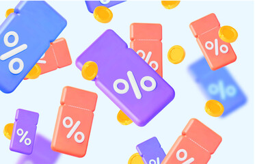 Flying falling coupons with coins for various promotions. 3D Discount tag for sales and shopping online. Horizontal banner for new year, birthday, online sales. 3d vector illustration. 