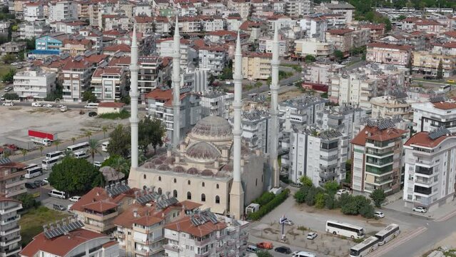 Aerial view circling the magnificent Manavgat mosque in the Antalya region of the Turkish cityscape