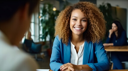 Portrait of young business woman smiling in modern office , Happy young woman working in coworking space