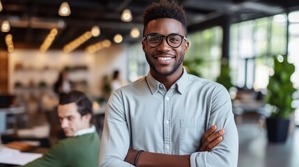 Obraz premium Portrait of young businessman smiling in modern office , Happy young man working in coworking space