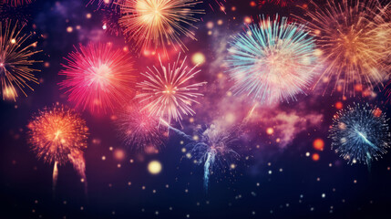 Fototapeta na wymiar Colorful fireworks celebration for New Year or birthday event. Festive background banner