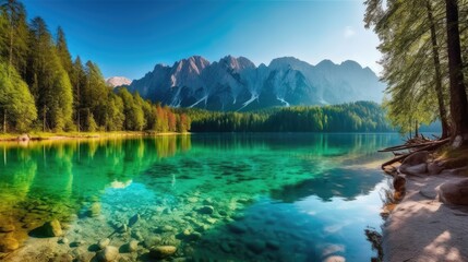 Fototapeta na wymiar Colorful summer view of a serene lake. Bright morning scene of a majestic mountain. Generative AI.