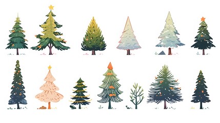 Collection of Christmas trees Colorful vector illustration in flat cartoon style - obrazy, fototapety, plakaty