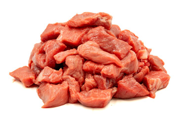 Veal cubed meat isolated on white background. Raw beef cubed with herbs and spices