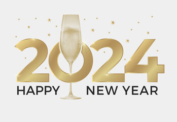 2024-new-year- 2024 new year greeting card with glass of champagne. White background and gold colors. Elegant New Year's Eve Banner - 653677821