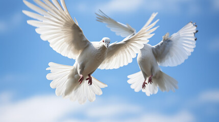 Graceful doves create a sky ballet, symbolizing love and peace in nature.