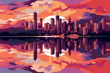 Illustration of Vancouver skyline at sunset reflecting in water. Generative AI