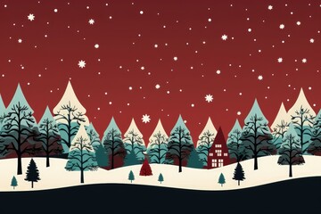 A festive Christmas background image with a red backdrop, portraying snowflakes gracefully falling over Christmas trees, infusing a holiday-inspired atmosphere. Illustration