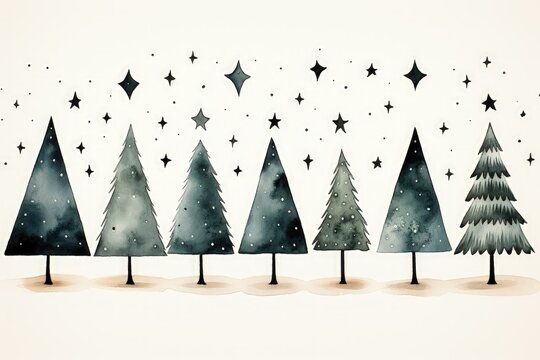 A festive Christmas background image, painted in watercolor, depicting stars shining over Christmas trees against a white backdrop, creating a holiday-inspired scene. Illustration