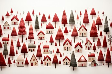 An abstract festive background image for Christmas, showcasing red Christmas trees and houses in an iconic style against a white background, creating a holiday-inspired scene. Illustration